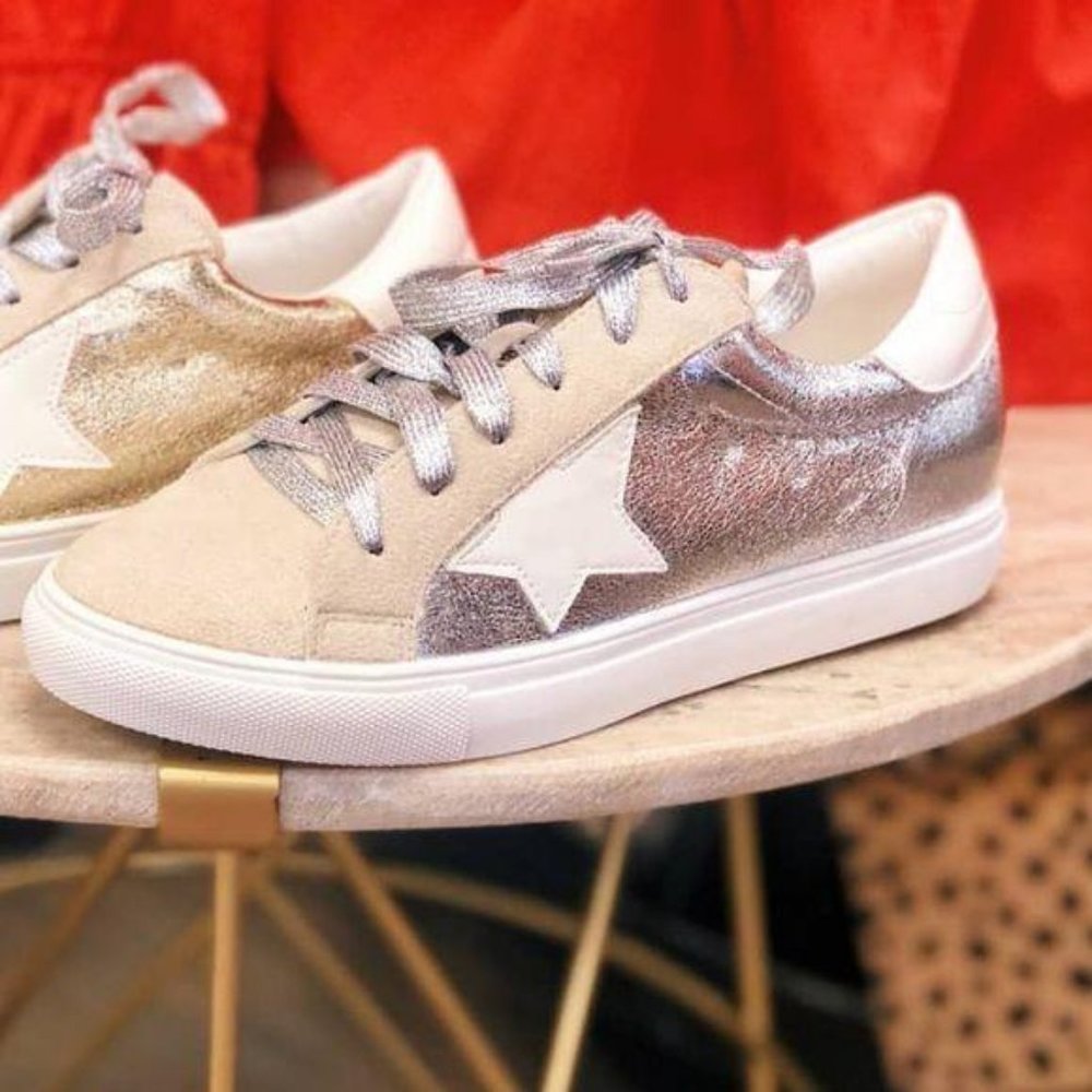 Metallic Silver Low Top Star Sneakers - Picture 6 of 15
